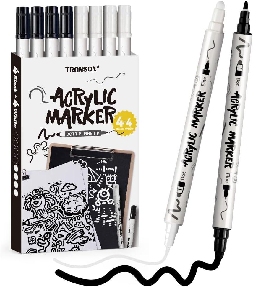 TRANSON 4 Black and 4 White Paint Markers Bold and Fine Dual-tip Acrylic Paint Marker Set for Rock Painting Glass Canvas Wood Leather Ceramic Painting