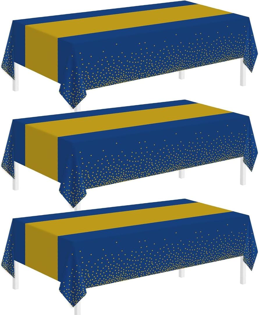 Childom 3 Pack Graduation Tablecloth,Graduation Decorations Class of 2026 Graduation Party Decorations,54"x108" Blue and Gold Plastic Table Cloth Disposable for Home,School,Birthday,Wedding,Parties
