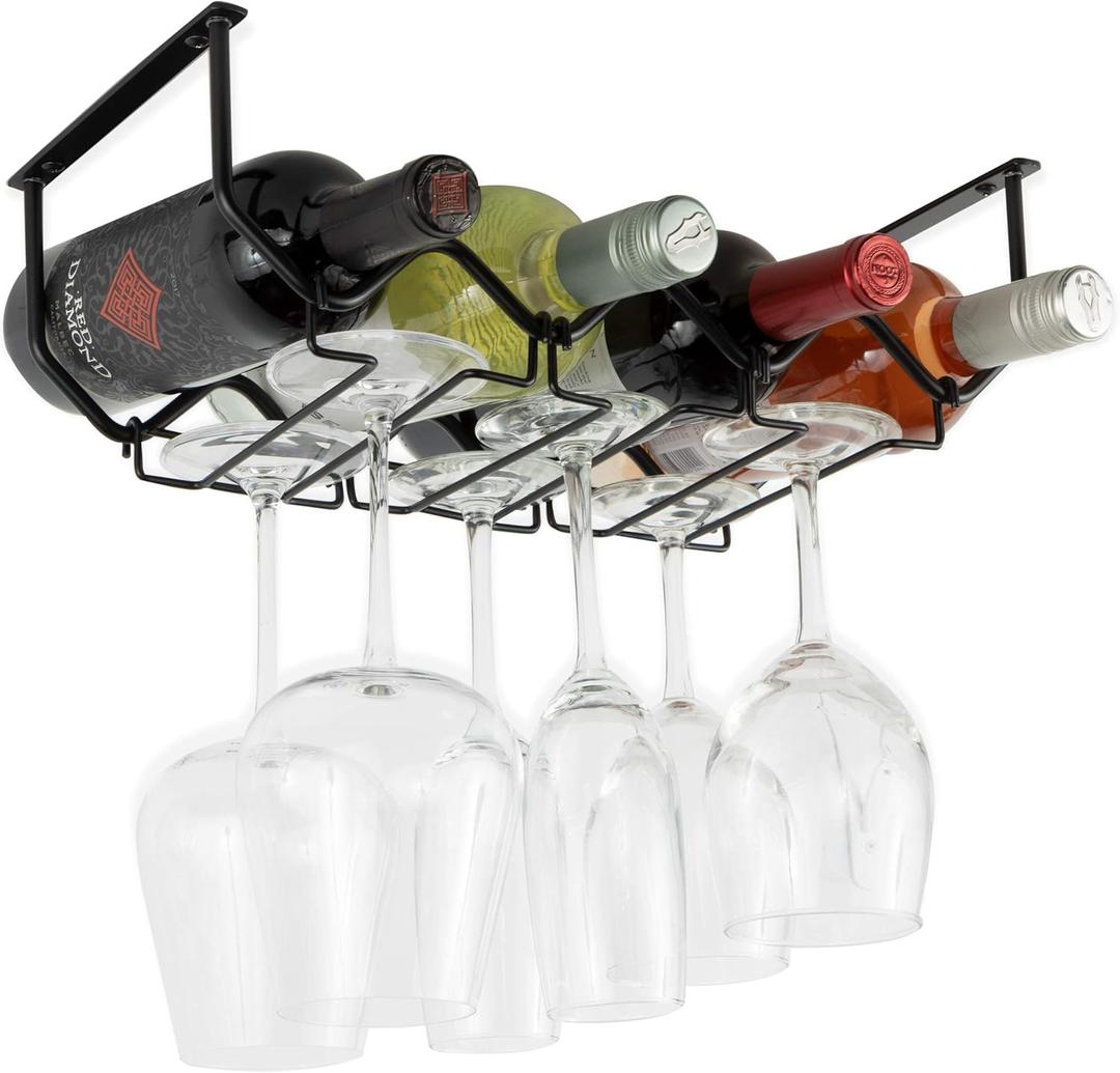 Wallniture Piccola Under Cabinet Wine Rack & Glasses Holder Kitchen Organization with 4 Bottle Organizer Metal Black