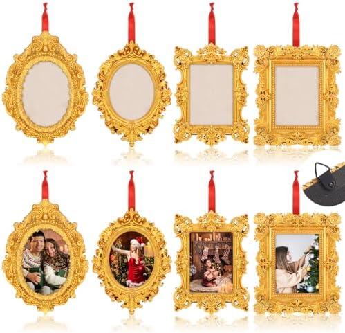 Vercraft 7 Pcs Mini Picture Frame Ornament for Christmas Tree Gold Vintage Photo Frames Antique Resin Oval Rectangle Tiny Ornamental with Hook and Ribbon for Xmas Tree Wall Decor (Classic)