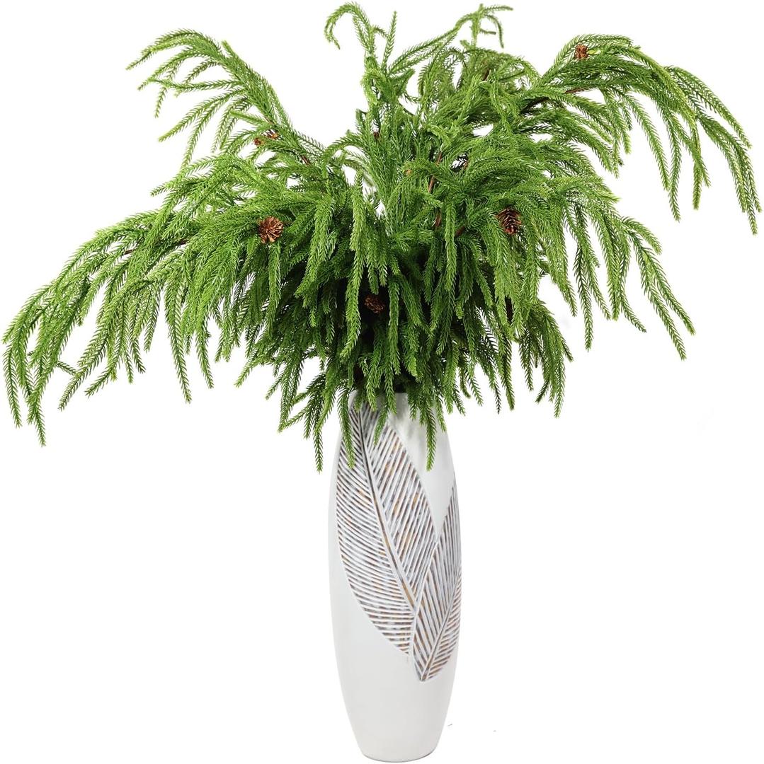WBHome 6 Pcs Christmas Norfolk Pine Branches with Pine Cones - 42" Real Touch Norfolk Pine Branch- Artificial Xmas Branches Plants Pine Needles for DIY Craft Garland Home Garden Decor