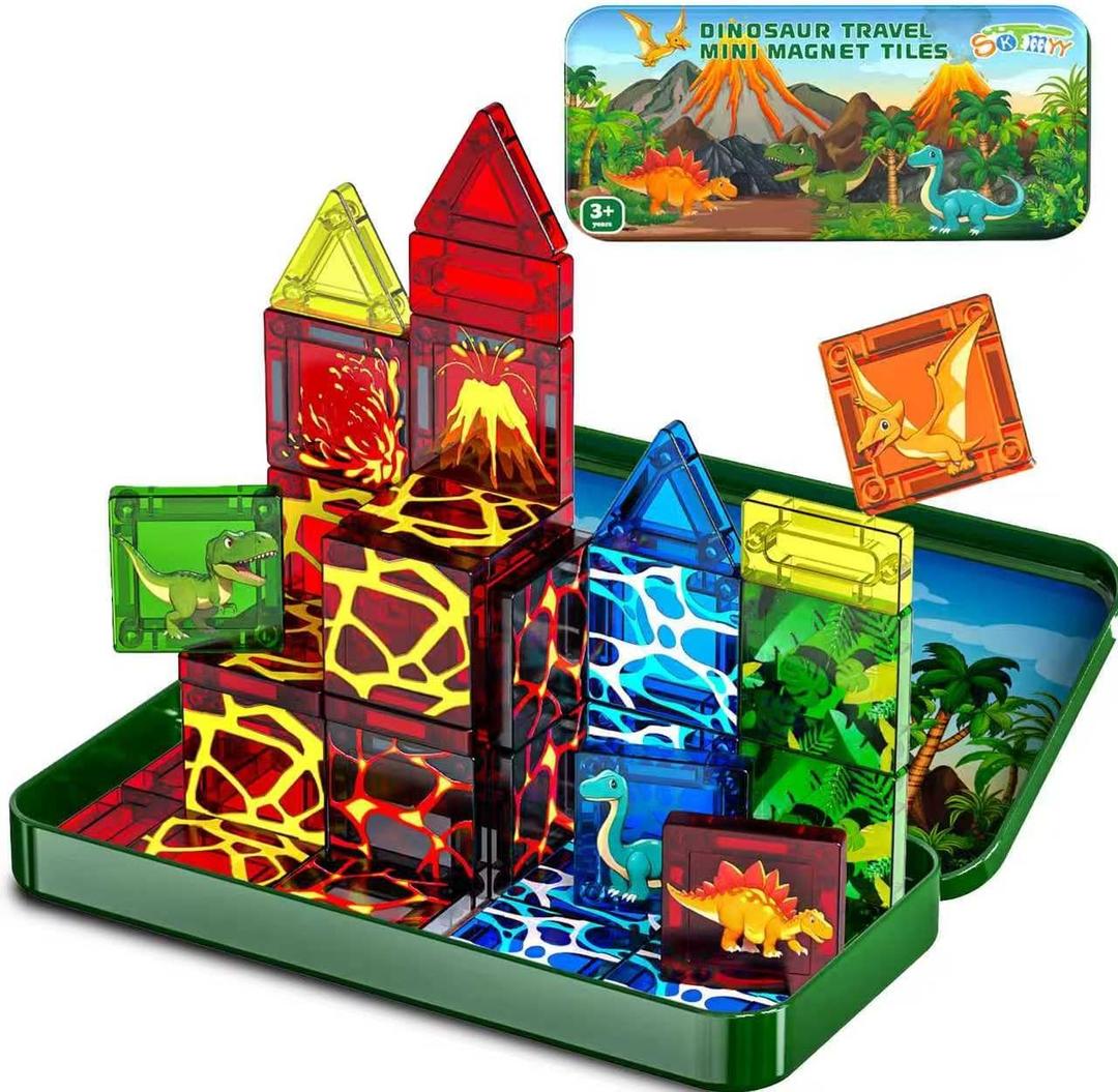SKTMYY Mini Magnetic Tiles,Dinosaur Themed Travel Magnetic Tiles Set with Iron Box for Kids Ages 3+,Car Airplane Travel Essential,Educational Preschool Toys,Birthday Gifts