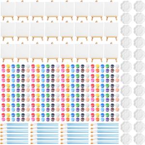 Qilery 24 Set 4 x 4 Inch Mini Canvas Panels and Easel Painting Kit, 12 Colors Acrylic Strips Brush Palettes, Art Painting Kits for Artists Beginners Oil Acrylic Craft Party Favors