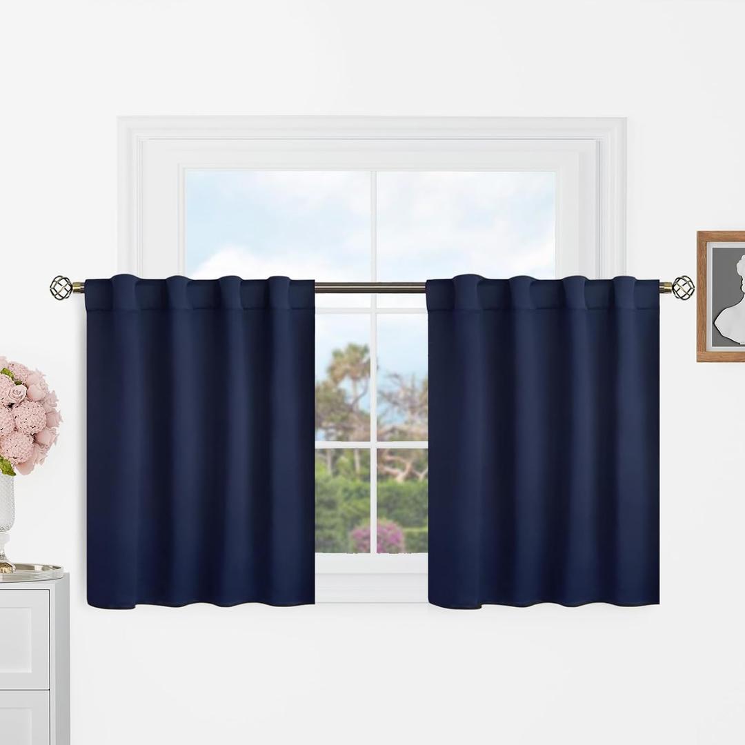 BGment Short Blackout Curtains 30 Inch Length for Small Windows - 34 x 30 inch Curtains Rod Pocket and Back Tab Thermal Insulated Room Darkening Curtains for Kitchen/Cafe Room, 2 Panels, Navy
