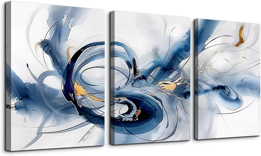 TTHYUEWS Abstract Wall Art For Living Room Canvas Wall Decor For Bedroom Office Decorations Minimalist Art Wall Pictures Blue Abstract Ink Wall Paintings Posters Modern Home Decor Artwork 3 Pieces