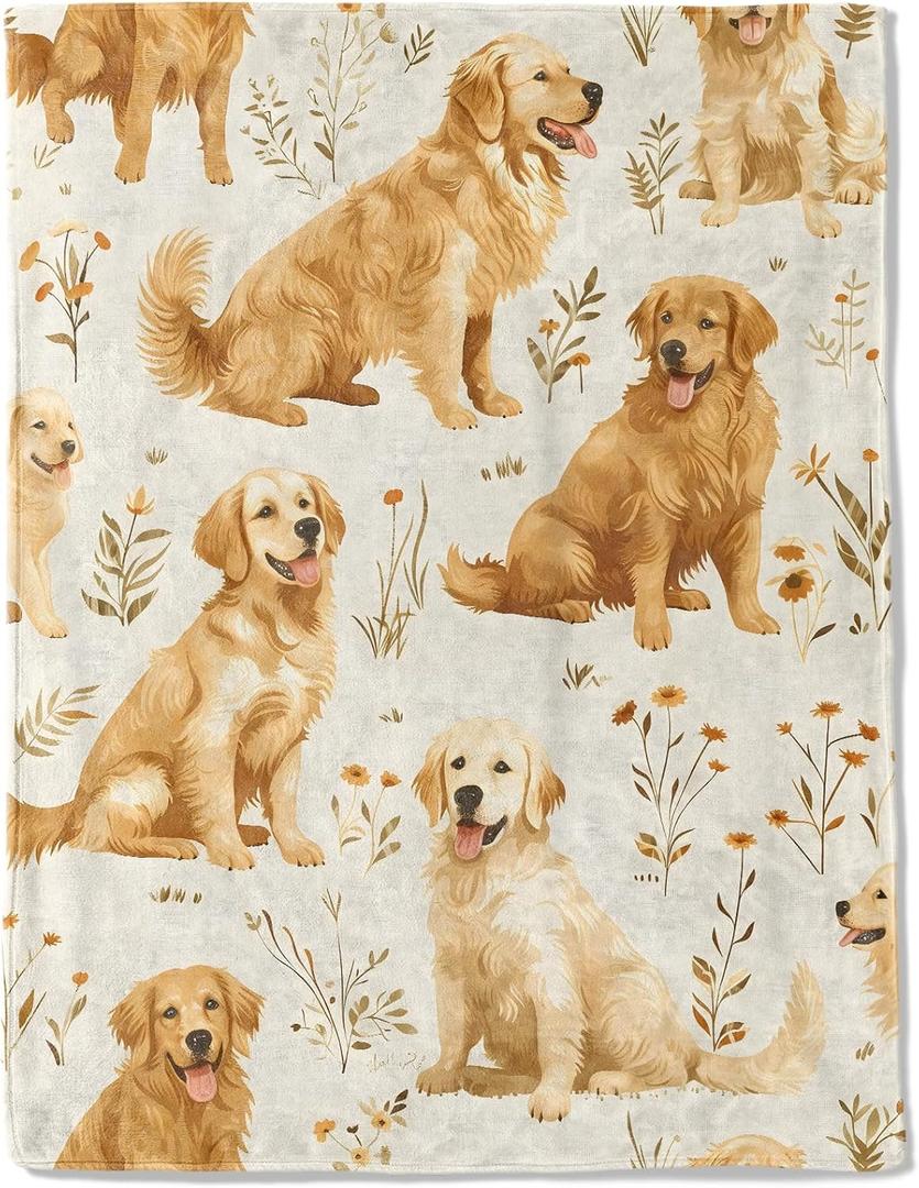 Golden Retriever Flannel Blanket - Lightweight Soft Cozy Gifts Blankets for Dog Lovers, Kids, Women,Cute Floral Art Style Throw,Elegant Home Room Modern Retro Decor 60x80in