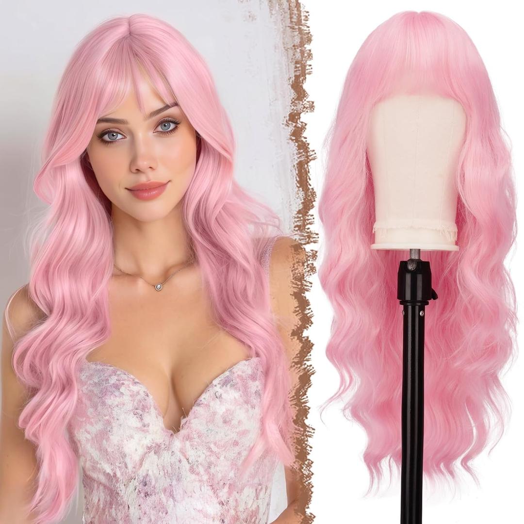 FESHFEN Pink Wig with Bangs for Women, Long Wavy Wigs Natural Looking Synthetic Hair Wigs for Daily Party Costume, 26 inch