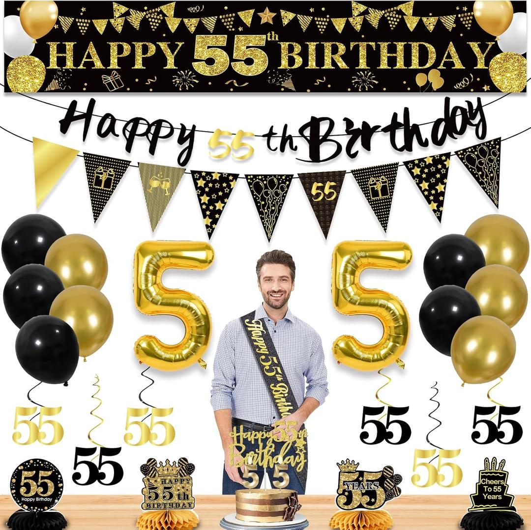 27pcs 55th Birthday Decorations for Men,Black Gold 55th Party Decorations,Happy 55th Birthday Banner Honeycomb Hanging Swirls Cake Topper and Balloons Kit Party Supplies