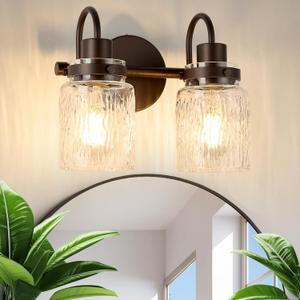 2 Lights Bathroom Vanity Light, Oil Rubbed Bronze Bathroom Light Fixtures with Hammered Glass Lampshade for Dressing Table,Over Mirror,Hallway