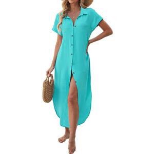 Halife Womens Swimsuit Cover Up Long Button Down Bathing Suit Coverups Short Sleeve Beach Vacation Dress Cover Ups Swimwear XL
