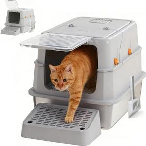 Stainless Steel Cat Litter Box - Gray High-Sided Enclosed Design, Anti-Leak, Reduces-Odors, Non-Sticky, Easy to Clean, Metal Cat Litter Box, High Side Includes Scoop and Steps, Large Capacity Kitty