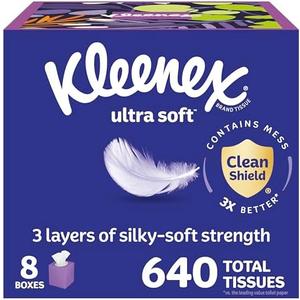 Kleenex Ultra Soft Facial Tissues, 8 Cube Boxes, 80 Tissues per Box, 3-Ply, Packaging May Vary