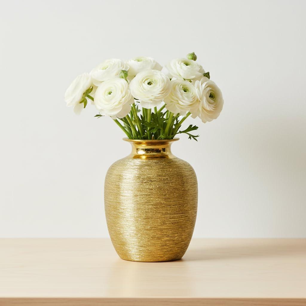Gold Ceramic Vase - 7 Inch Modern Flower Vase for Centerpiece, Textured Decorative Vases Home Decor, Weddings, Dining, Bathroom, Nightstand, Decoration