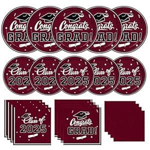 Gatherfun Graduation decorations 2025 Graduation Party Supplies Maroon Disposable Paper Plates Luncheon Napkins Cocktail Napkins for Congrats Grad Party Decorations, Serve 50