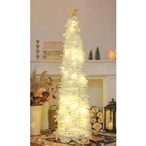 HMASYO 5 FT Pop Up Christmas Tree with Timer Lights, White Christmas Tinsel Tree, Collapsible Artificial Pencil Christmas Tree for Indoor Home Apartment Porch Holiday Party Decorations
