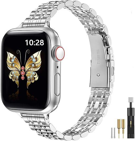 MioHHR Thin Metal Bands Compatible with Apple Watch Band 38mm 40mm 41mm 42mm(Series 11 10),Slim Narrow Stainless Steel Strap for Women iWatch Bands Series 9 8 7 6 5 4 3 2 1 SE3/2/1`,Silver