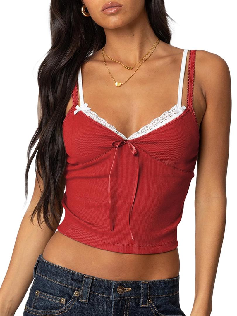 Women Camisole Tank Tops Lace Trim Slim Fit Cami Tops Spaghetti Strap Crop Shirt Bralettes Red M (M)