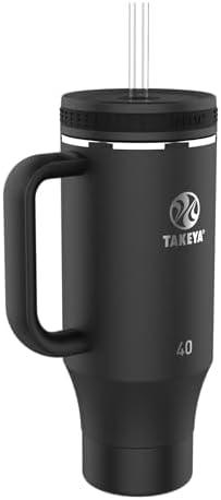 Takeya 40 oz Stainless Steel Tumbler with Lid and Two Straws, Premium Quality, Double Wall Insulated, Wiith Handle, Keep Drinks Cold for Up to 24 Hours, Onyx