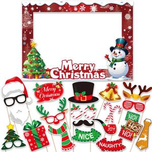 Christmas Photo Booth Props Party Decorations with Photo Frame, Christmas Party Selfie Accessories for Xmas Holiday Party Table Decor