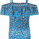 Girls One Piece Swimsuits One Shoulder Ruffle Swimwear Floral Bathing Suit (7-8 Years, Green Leppard Off Shoulder)