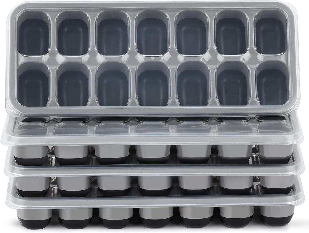 Ice Cube Tray 4 Pack, Easy-Release & Flexible 56 pcs Silicone Ice Cube Trays with Spill-Resistant Removable Lid, Stackable Ice Trays with Covers for Freezer, Cocktail (Black Gray)