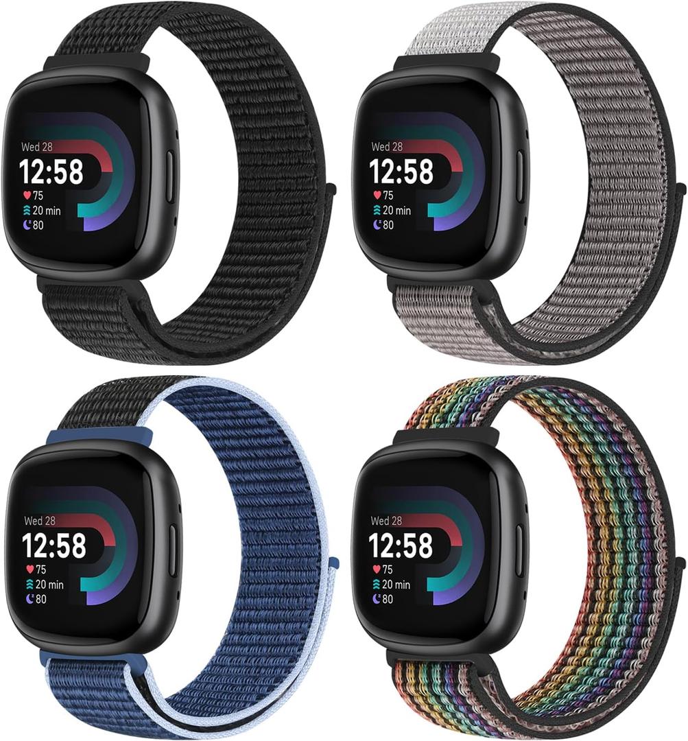 Sport Loop Compatible with Fitbit Versa 4 Fitbit Sense 2 Fitbit Versa 3 Fitbit Sense for Women Men,Soft Nylon Adjustable Breathable Replacement Wristband for Sense/Sense 2/Versa 3/Versa 4 (Black+Grey+Midnight+Black Rainbow)