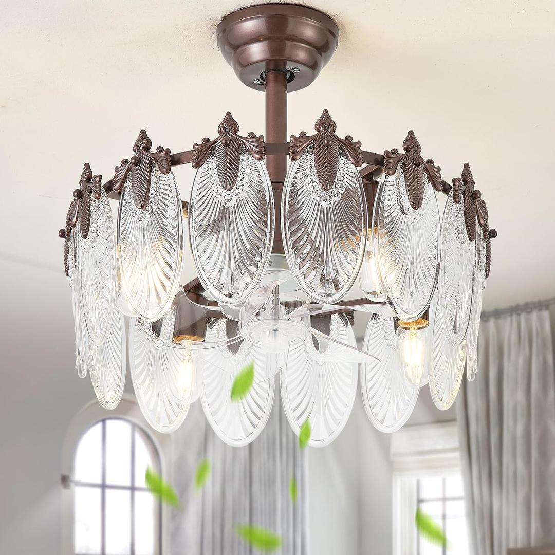 20 Inch Brown Crystal Fandelier Ceiling Fan with Light, Vintage Brown Ceiling Fans with Lights Remote Control, Caged with 6 Speeds for Bedroom, Nursery, Living Room