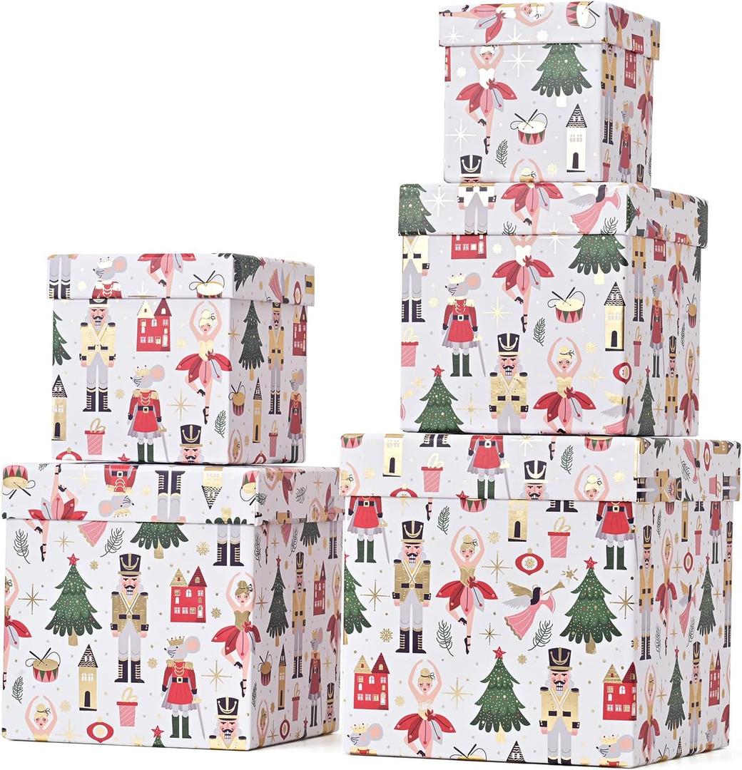 PAPER FAIR 5PCS Christmas Nesting Gift Boxes with Lid, Xmas Nested Box Set, 5 Sizes, Square Stackable, White Ballerina Nutcracker Paper Box Tower Décor, for Holiday Thanksgiving New Year Packaging