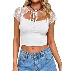 CSDAJIO Women's Cutout Keyhole Front Cropped Tee Lace Short Sleeve Sexy Top Ruched See Through Fitted T Shirt White Medium