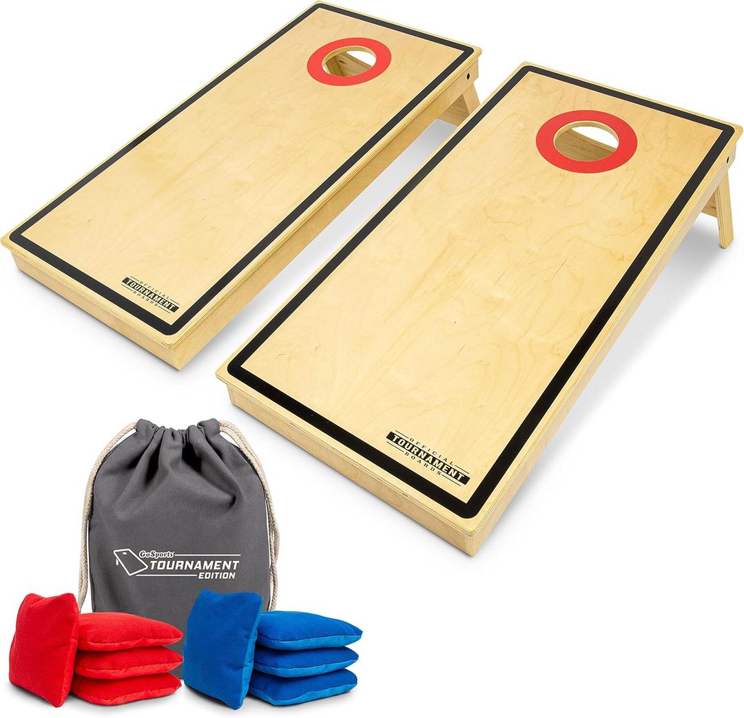 GoSports Tournament Edition Regulation Cornhole Game Set - 4 ft x 2 ft Wood Boards with 8 Dual Sided (Slide and Stop) Bean Bags