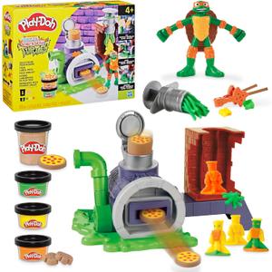 Play-Doh Teenage Mutant Ninja Turtles Slice & Blast Pizza Playset, Bendy 4 Inch Mikey Action Figure, Kids Arts & Crafts, TMNT Toys for Boys & Girls 4+