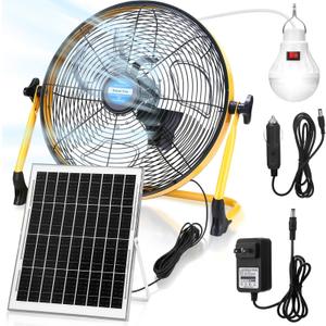 Sumind 20W 12V Solar Panel Powered Fan, 3 in 1 Solar Panel, Cigarette Lighter and AC Charger Powered, Portable Exhaust Fan for Outdoor Chicken Coop Greenhouse Camping Travel(Yellow, 14 Inch)
