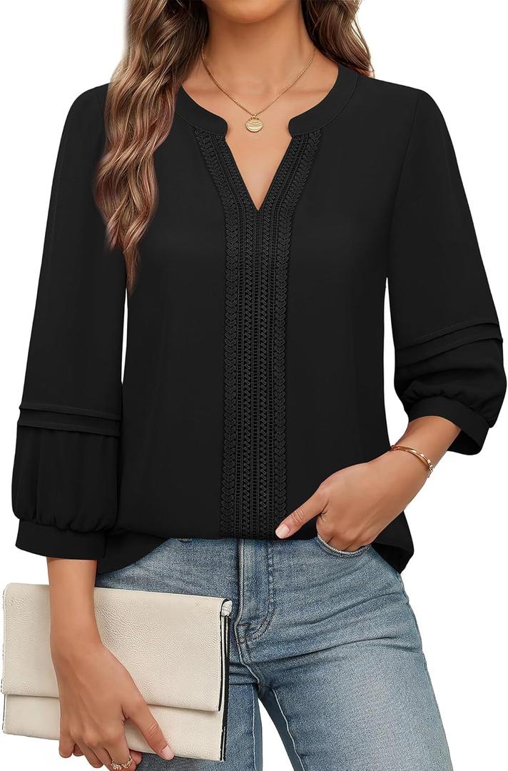 Unixseque Womens Casual Blouses 3/4 Sleeve V Neck Business Tops Ladies Trendy Office Work Shirts (Medium, Black)