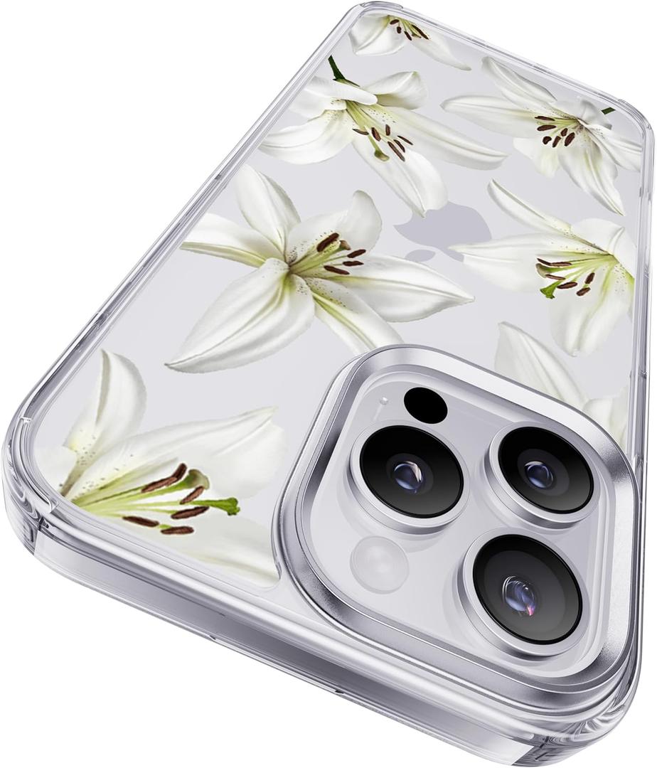 CASEKOO White Water Lily for iPhone 16 Pro Case, [Never Yellow Technology] [12FT Military-Grade Protection] Transparent Slim Floral Cover Gril Women 16 Pro Phone Case 6.3 inch, White Water Lily