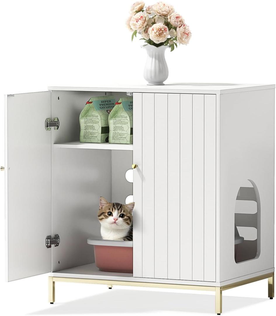 Stylish Cat Litter Box Enclosure, Modern Hidden Litter Box Furniture with Tall Legs, Side Entrance, and Dual Use as End Table for Living Room or Bedroom (White & Gold)