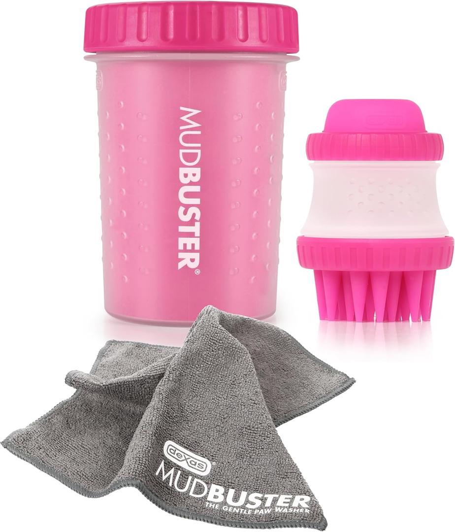Dexas MudBuster Portable Pet Cleaning Kit with Dog Paw Washer, Pet Bathing Brush, Microfiber Towel, Medium, Pink