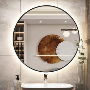 32" LED Backlit Bathroom Vanity Mirror, Wall Mounted Round Makeup Shaving Mirror with 45 Beveled Metal Frame Design, HD Waterproof&Explosion-Proof Smart Mirror, Memory Function, Black