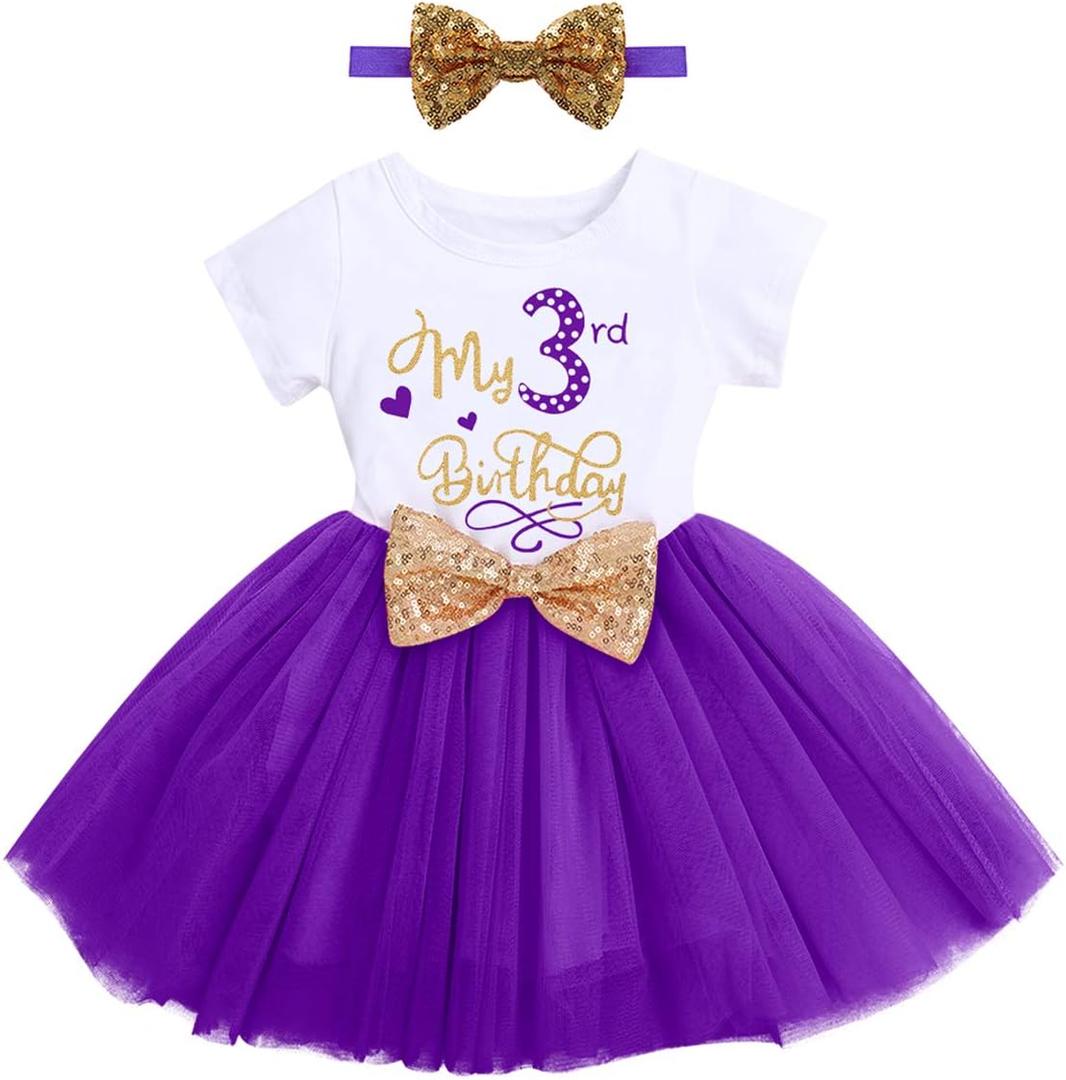 ODASDO Toddler Kids Girls My 3rd Third Birthday Party Dress Sequin Bowknot Headband Cake Smash Outfit Summer Cotton Short Sleeve A-line Tulle Tutu Princess Skirt Photo Props Purple 3 Years