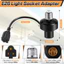 Enhon 2 Pcs 3 in 1 Light Socket Outlet Adapter, E26 Light Socket to Plug Adapter with Extension Cord, 3 Prong Bulb Outlet Converter for Indoor Outdoor Garage, Porch, Patio, Camera, LED Strip (Black)