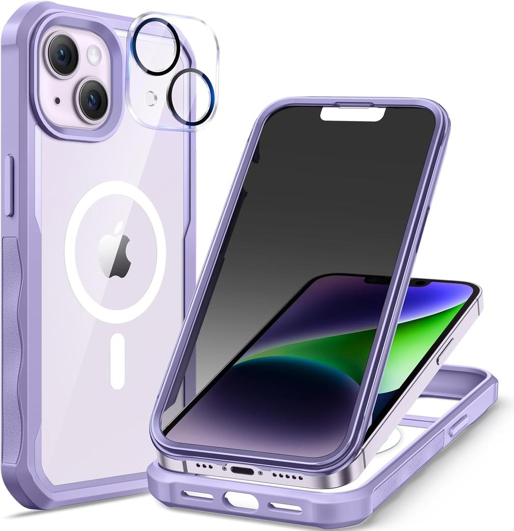 seacosmo for iPhone 14 Plus Case, Full Body Bumper with Built-in 9H Tempered Glass Privacy Screen and Camera Lens Protector, Compatible with MagSafe, Shockproof Phone Case, 6.7", Light Purple