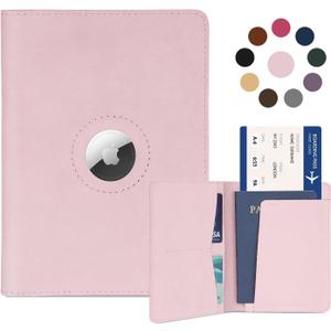 Airtag Passport Holder for Women Men Travel, Real Leather Passport Wallet, Handmade Passport Cover Case with Airtag Slot, Travel Must Haves Essentials Accessories Birthday Gift(Crazy Horse,Light Pink)