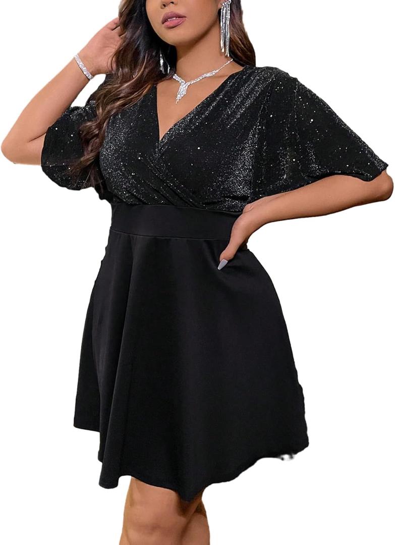 Floerns Women's Plus Size Glitter Wrap V Neck Short Sleeve Party A Line Dress XL Plus