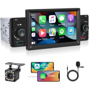 Podofo Single Din Car Stereo with Carplay Android Auto, 5 Inch HD IPS Touch Screen Bluetooth 5.1 Car Radio Audio Receiver Support Mirror Link FM TF/USB Voice Assistant 12LED Backup Camera