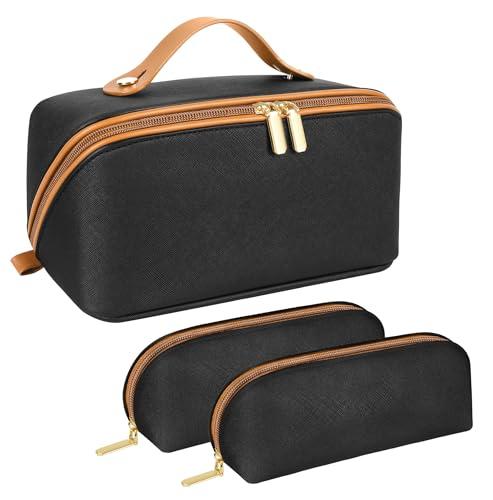 ALEXTINA Travel Makeup Bag Organizer 3 Pcs Makeup Bags for Women Large Capacity Cosmetic Makeup Organizer with Collapsible Handle Waterproof Vegan Leather Toiletry Bag Set