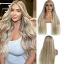 Ash Blonde Highlight Wig Real Human Hair Lace Front Wig for White Women 18 Inch 180% Density 13x6 Lace Frontal Pre Plucked with Baby Hair Ash Blonde with Platinum Blonde Highlights Glueless Wigs