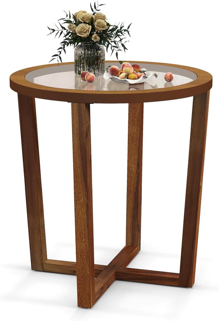 Modern Round End Table Sofa Side Table with Transparent Tempered Glass Top