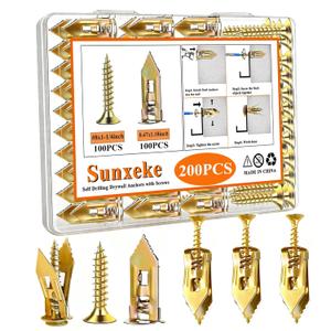 200Pcs Self Drilling Drywall Anchors with Screws Kit, 100 Sheetrock Anchors (0.47x1.18inch) & 100#8x1-1/4inch Zinc Screws, No Drill Needed, for Picture Frames, Wall Hanging, Art, Shelves
