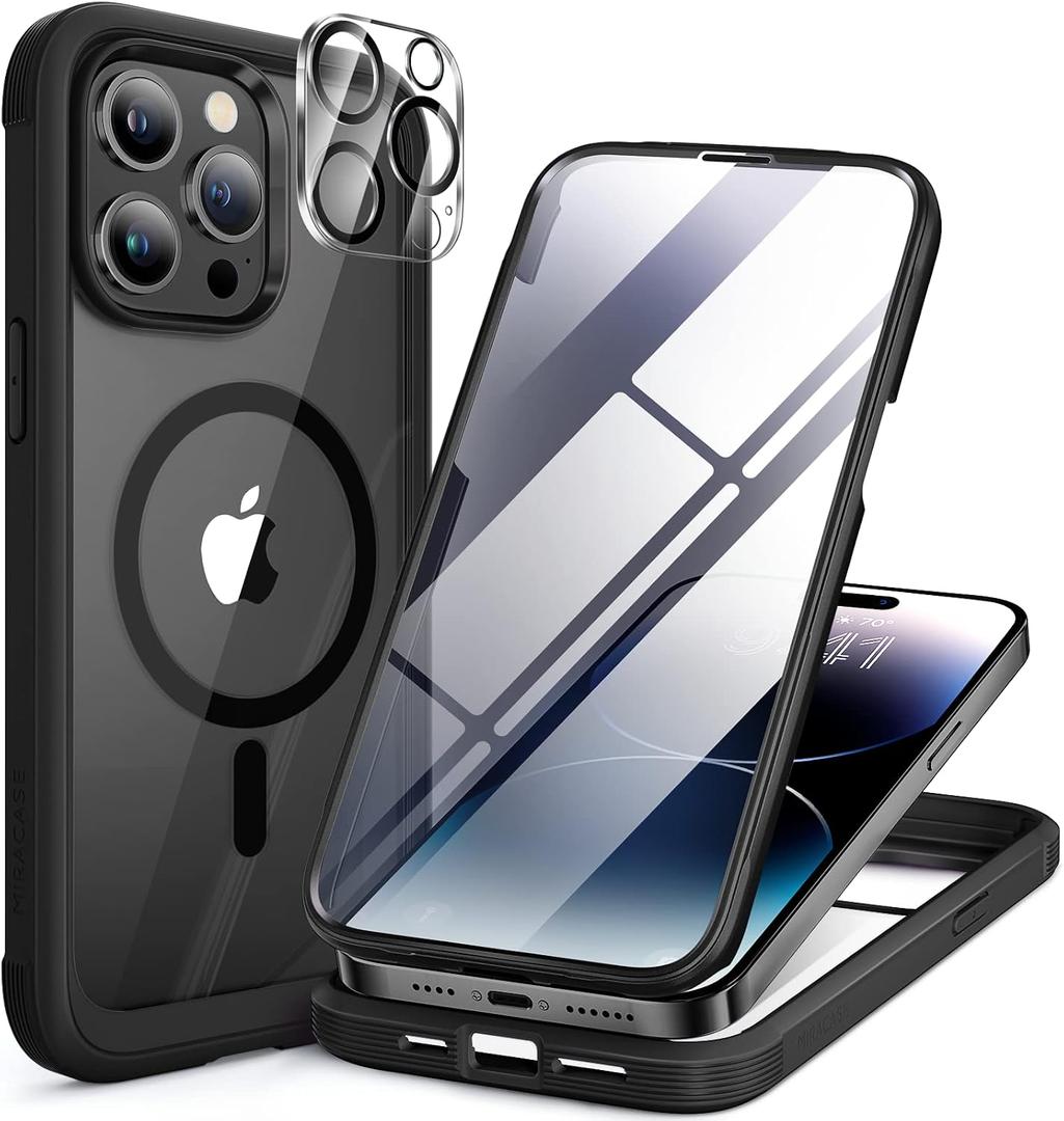 Miracase Glass Series Designed for iPhone 14 Pro Max Case 6.7 Inch, Upgrade Full-Body Magnetic Case with Built-in 9H Tempered Glass Screen Protector, with Camera Lens Protector, Magnetic Black
