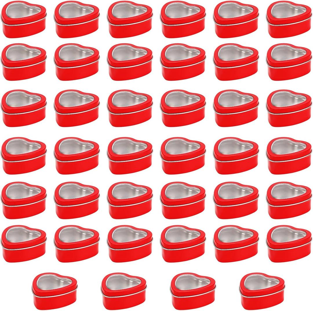 MOUYAT 40 PCS 2oz Heart Shaped Metal Tins with Clear Window Lids, Tinplate Empty Candy Tins Party Favors Storage Box Container for Gifts Treasures, Candle Making, DIY, Crafts, Red