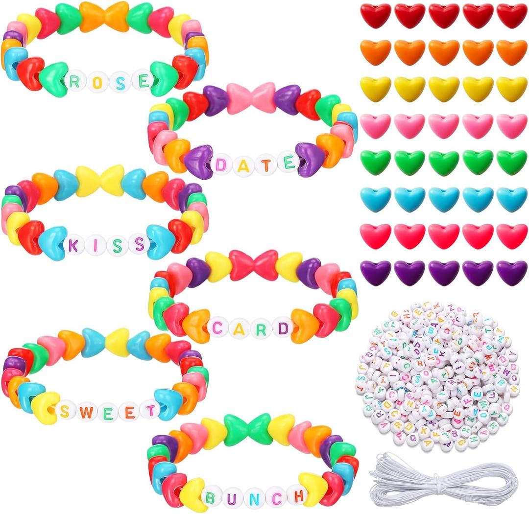 Highergo 1200 Pcs Valentine Day Bracelet Heart Beads Making Kit Letter Beads DIY with 944 Inch Elastic Cord Sweet Heart Charms for Valentine Day Bracelet Necklace Making DIY Crafts (Colors)